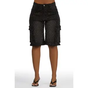 Martinique Black Rhinestone Denim Jort