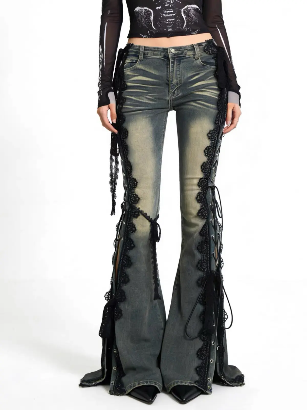 ALIELNOSIRRAH 'Lace Denim' Women's Y2k Lace-Up Boho Flared Denim Pants, Comfy Womenswear Bottoms