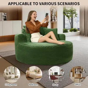 Oversized Corduroy Round Chaise Lounge – Deep Seat Cloud Circle Chair with 3 Pillows, Cozy Single Couch for Living Room