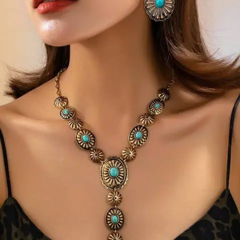 Vintage Boho Style Textured Carved Floral Design Turquoise Inlaid Pendant Necklace & Earrings Jewelry Set, Western Charm for Daily Wear