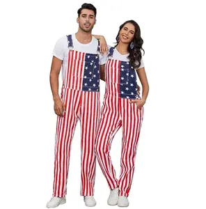 Bindefon Men's American Flag Bib Overalls with Zipper Denim Romper Adjustable Straps USA Onesie 4th of July Labor Day Jumpsuit for Fall/Winter