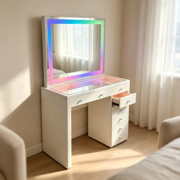 White vanity featuring an LED-illuminated mirror with a full-perimeter light strip and three lighting modes eight drawers, stunning RGB ambient lighting effects, a built-in US-standard power outlet and USB charging port, and seamless Bluetoothconnectivity