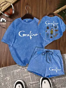 Washed cotton, two-piece women's "Coraline" "Coraline" dark element pattern letter print T-shirt and shorts, casual short-sleeved Fitted T-shirt and High Waist shorts, women's four-season two-piece suit, women's clothing, Breathable, Lightweight