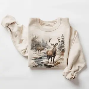 Retro Deer Wilderness Scene Graphic Sweatshirt, Vintage Buck And Doe Deer Outfit, Boho Unisex Crewneck for Daily Wear, Apparel Made In The USA	