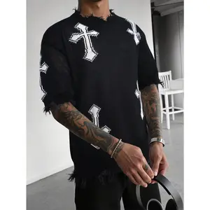 [Ripped Knit Sweater] Unisex Casual Ripped Knit Sweater |   Loose Fit, Drop Shoulder, Short Sleeve, Crew Neck, Geometric Cross Pattern, Summer Season