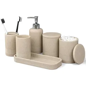 6-Piece Modern Stylish Beige Bathroom Accessories Set, Includes Soap Dispenser, Toothbrush Holder, Vanity Tray, Tumbler & 2 Cotton Swab Jars, Bathroom Organizer for Bathroom Storage