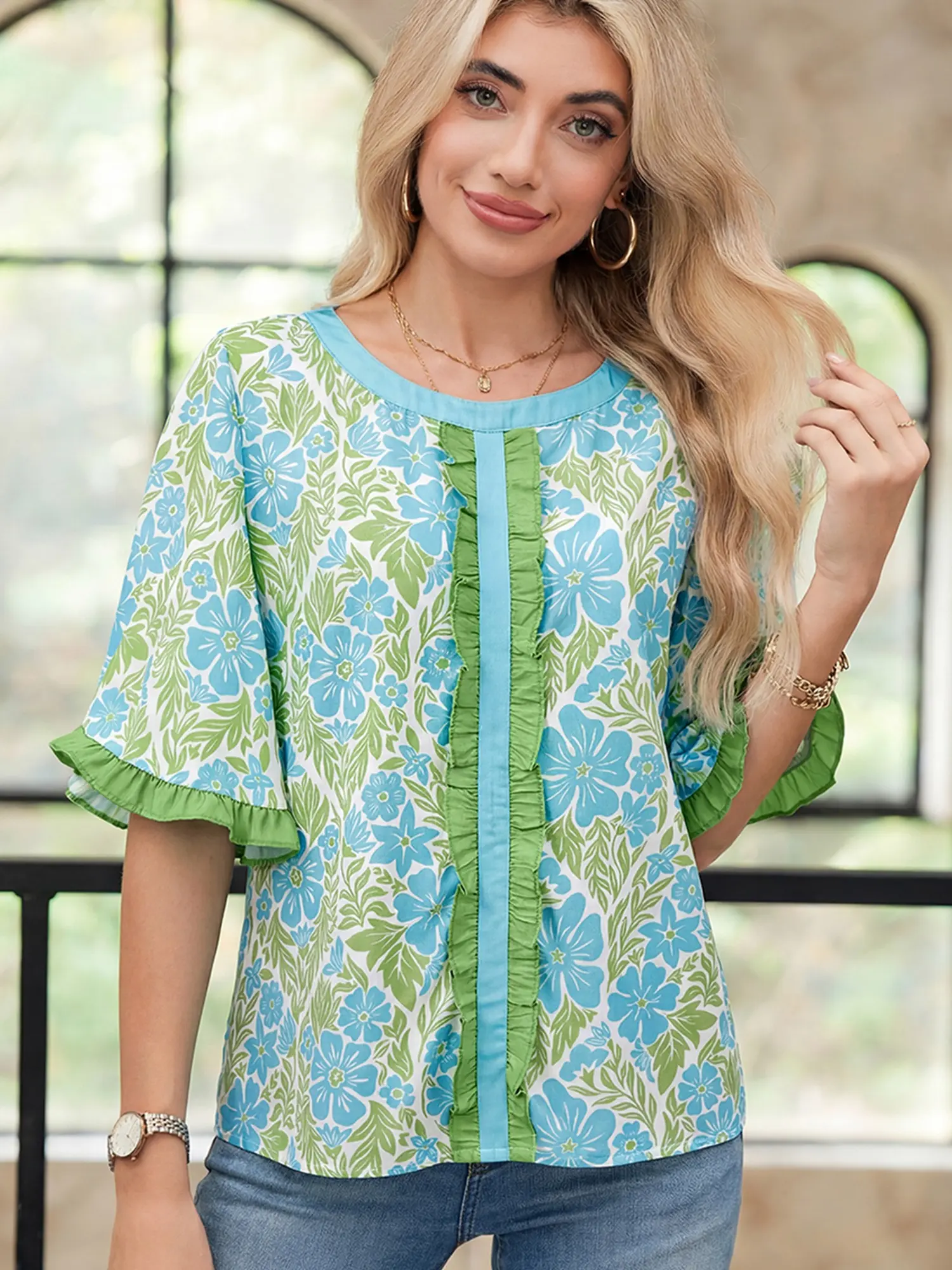 PHEFEE Women’s Lightweight Viscose Bohemian Floral Ruffle Short-Sleeve Blouse - Comfortable Everyday Day Loose-Fit Round-Neck Summer Beach Tunic Top, Flowy Denim-Inspired Chic Casual Shirt for Ladies, Essential
