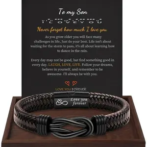 Personalized Jewelry Stainless Steel Leather Bracelet To My Son To My Grandson To My Dad Braided Jewelry for Men Festival Gift Row Magnetic Closure Trendy All-Match Casual Simple Bracelet for Men Party Daily Clothing Decor