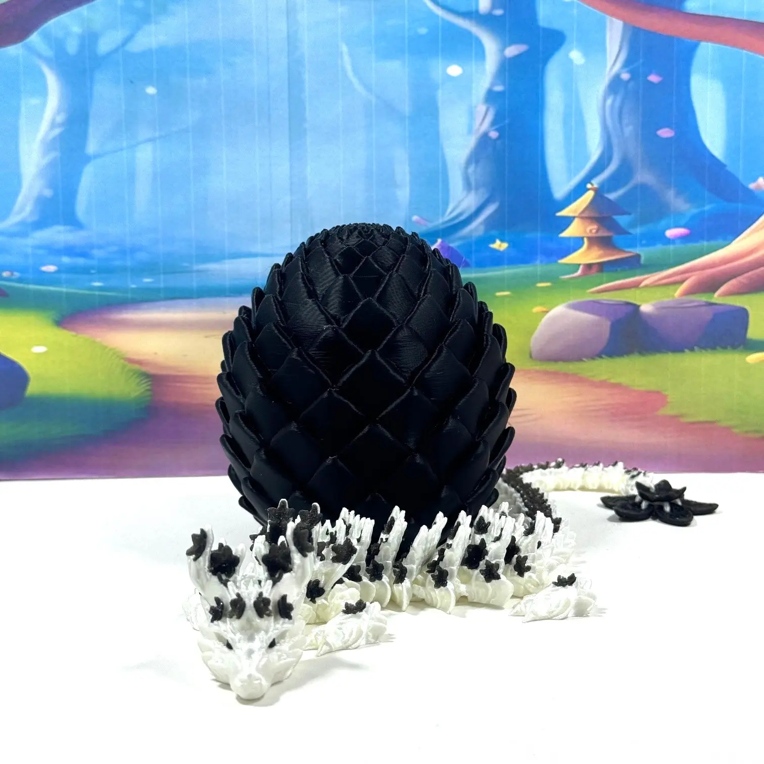 3D Printed Dragon with Egg, Articulated White and Black Cherry Blossom Dragon, 12 Inches Fidget ADHD Autism Toy D079-BE