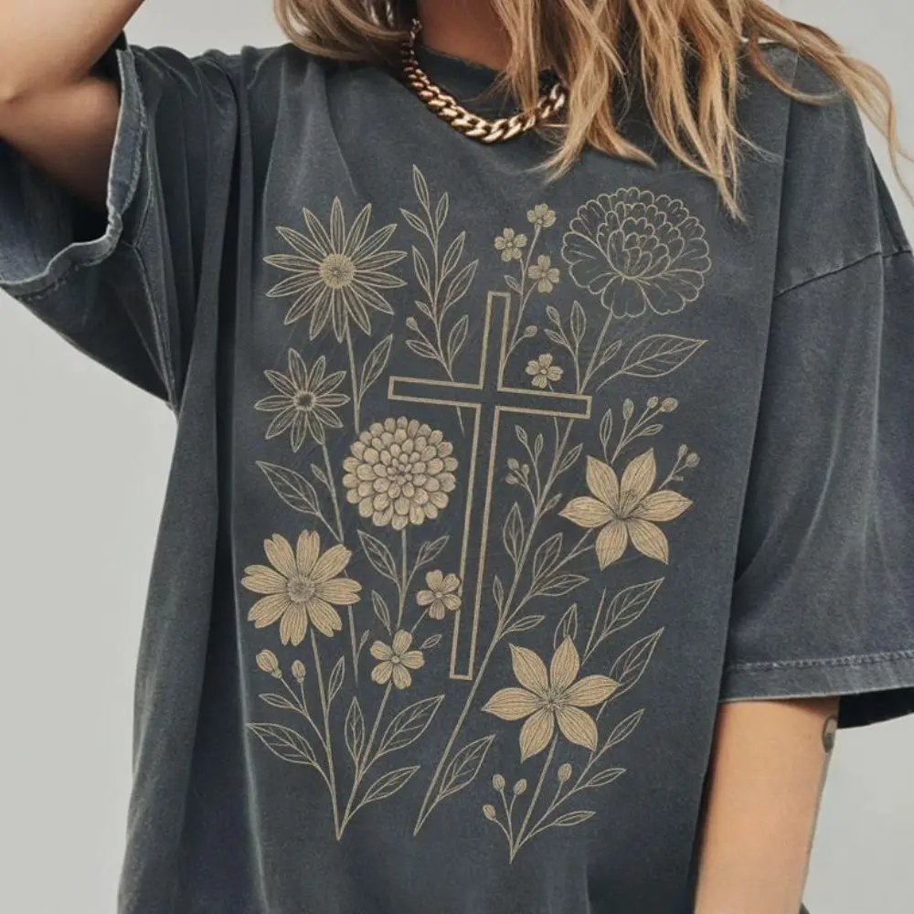 Comfort Colors Christian TShirt, Floral Cross Graphic Tee, Faith Based TShirt, Bible Verse Inspired Tee, Jesus Lover Gift, Church Womens Christianity T-Shirt