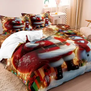 3pcs Cute Santa Claus Snowman Duvet Cover Set, 1 * Duvet Cover + 2 * Pillowcases, without Core, Christmas Tree with Neon Light Print Bedding Set, Ultra Soft Comfortable Breathable Duvet Cover with Pillowcases, Suitable for Bedroom Dorm Home Decoration Gif