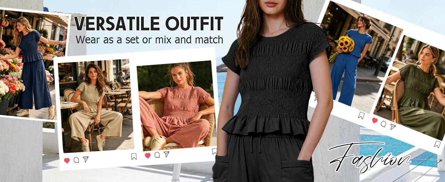SCUSTY Women's 2-Piece Smocked Top and Wide-Leg Pants Set High-Waisted Lounge Outfit with Pockets Casual Boho Summervibes Matching Set Minimalist Basic Kleinblue Crewneck Clothes Suits Fitted Trouser