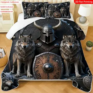 3 pcs, 2D Flat Print Viking rior & Wolf Theme Gothic Style Bedspread Set, Soft and Comfortable, Multiple Sizes Available, Suitable for Gifting and Daily Use, Ideal for Creating a Cozy Home Atmosphere(1 bedspread , 2 pillowcases)