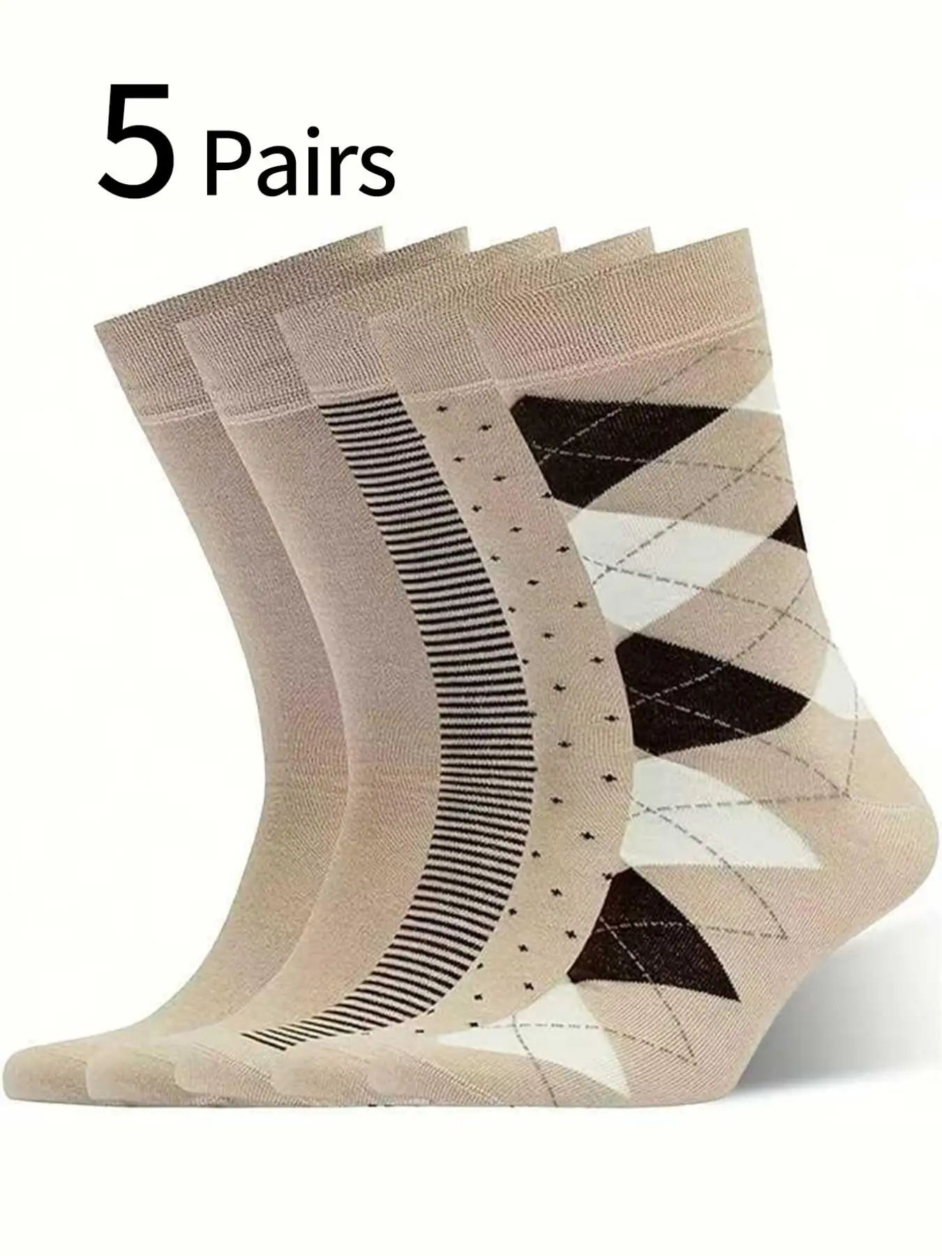 5 Pairs Men's Socks, British Style Geometric Mid-Calf Socks, Antibacterial Sweat-Proof Breathable, Comfortable Business Socks, Print Crew Socks, Daily Wear Socks, All Season Socks