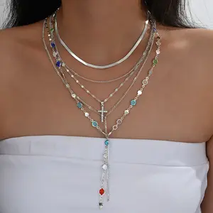 5-Piece Vintage Metal Jesus Cross Necklace Set,Bohemian style Necklace,Polynesian style necklace,Layered Necklaces,Colorful Crystals,Dainty Cross Necklace For Women,Cross Necklace Elegant Pendant,Religious Cross Pendant Jewelry,,clavicular necklace