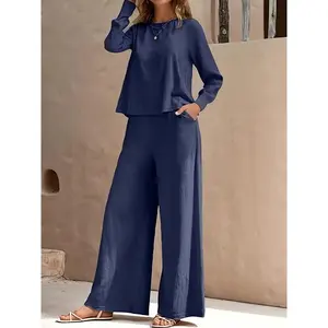 Women's 2pcs Elegant Casual Tank Top & Wide Leg Pants Suit Set Mustard-Yellow Solid Color Loose Fit Long Sleeve Outfit Structured Wide-Leg Trousers for Fall/Spring Versatile for Office Semi-Formal & Casual Attire Comfortable & Stylish Two Clothes