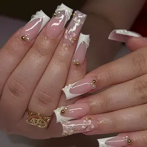 24pcs Long Rectangle French Gel Flower Nails Gold Beads Design Acrylic Press-On Nails Set, Includes Jelly Glue and Nail File