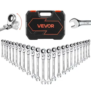 VEVOR Flex-Head Ratcheting Wrench Set, 24-Piece SAE and Metric, 72 Teeth, Cr-V Steel Ratchet Flexible Combination Wrench Set with Storage Case, for General Household and Automotive Repairs, Silver