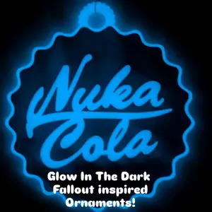 Fallout inspired Glow in the Dark ornaments for all occasions! Two items in one! Nuka Cola ornaments glows blue. Radioactive symbol glows green! Perfect for any Holiday celebrated by Fallout fans! Set Decor Christmas Decoration