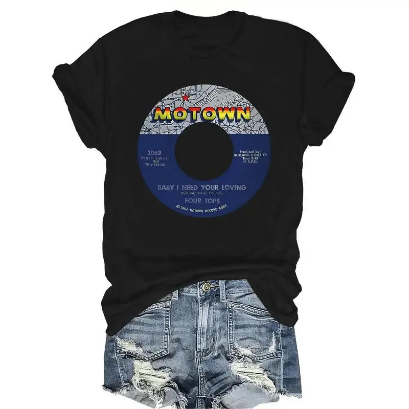 Motown Vinyl Records Summer Simple Pattern T-Shirt, Casual Crew Neck, Fit, Short Sleeves, Breathable Fabric, Versatile Top, Suitable for Teens and Adults