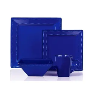 212 MAIN 16-Piece Double Beaded Square Shape Sturdy Stoneware Tableware Set, Lorenzo Import LH502 Dinnerware Set with Plates, Bowls, Mugs, Blue, Double Beads