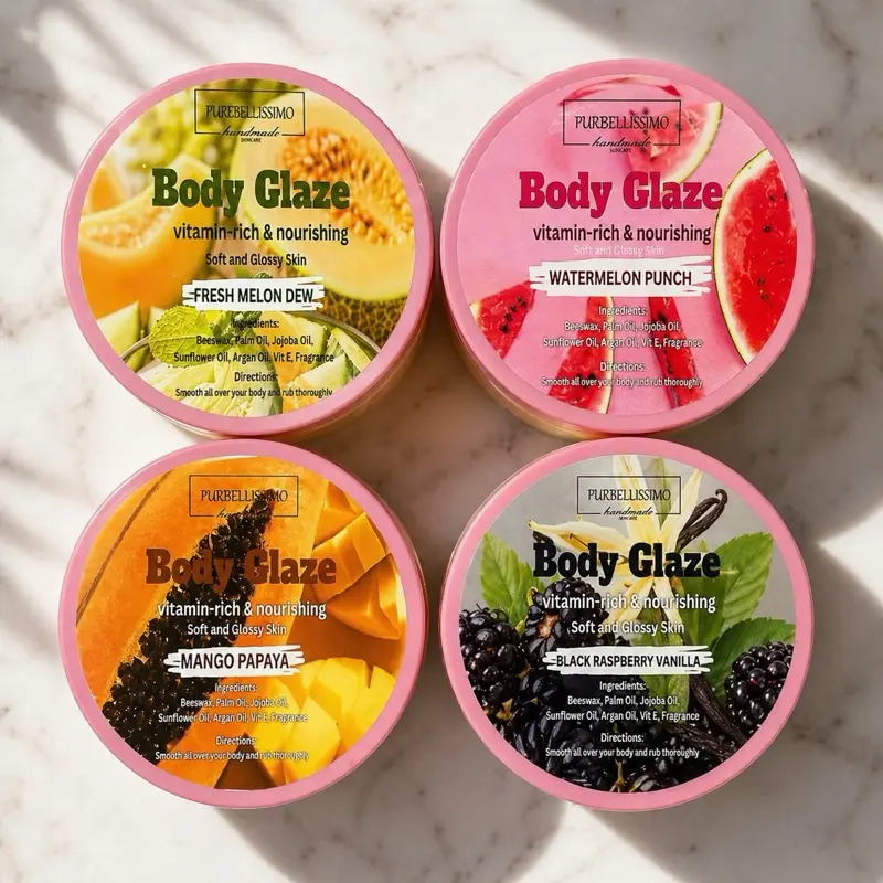 PureBlessimo Body Glaze Bundle - 4 Gourmand Varieties (Fresh Melon Dew, Watermelon Punch, Mango Papaya, Black Raspberry Vanilla) - 4 oz Each, Body Care Selfcare Moisturizer to Hydrate