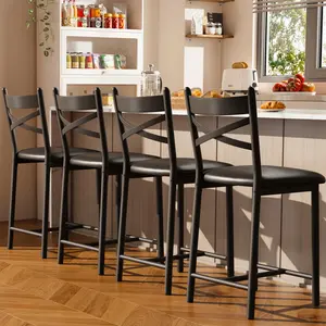 GAOMON Bar Stools Set of 4, Counter Height Bar Stools with PU Upholstered Seat, Metal Frame Kitchen Bar Chairs with X-Design Back and Footrest for Kitchen Island, Counter Bar, Dining Room, 26" Black