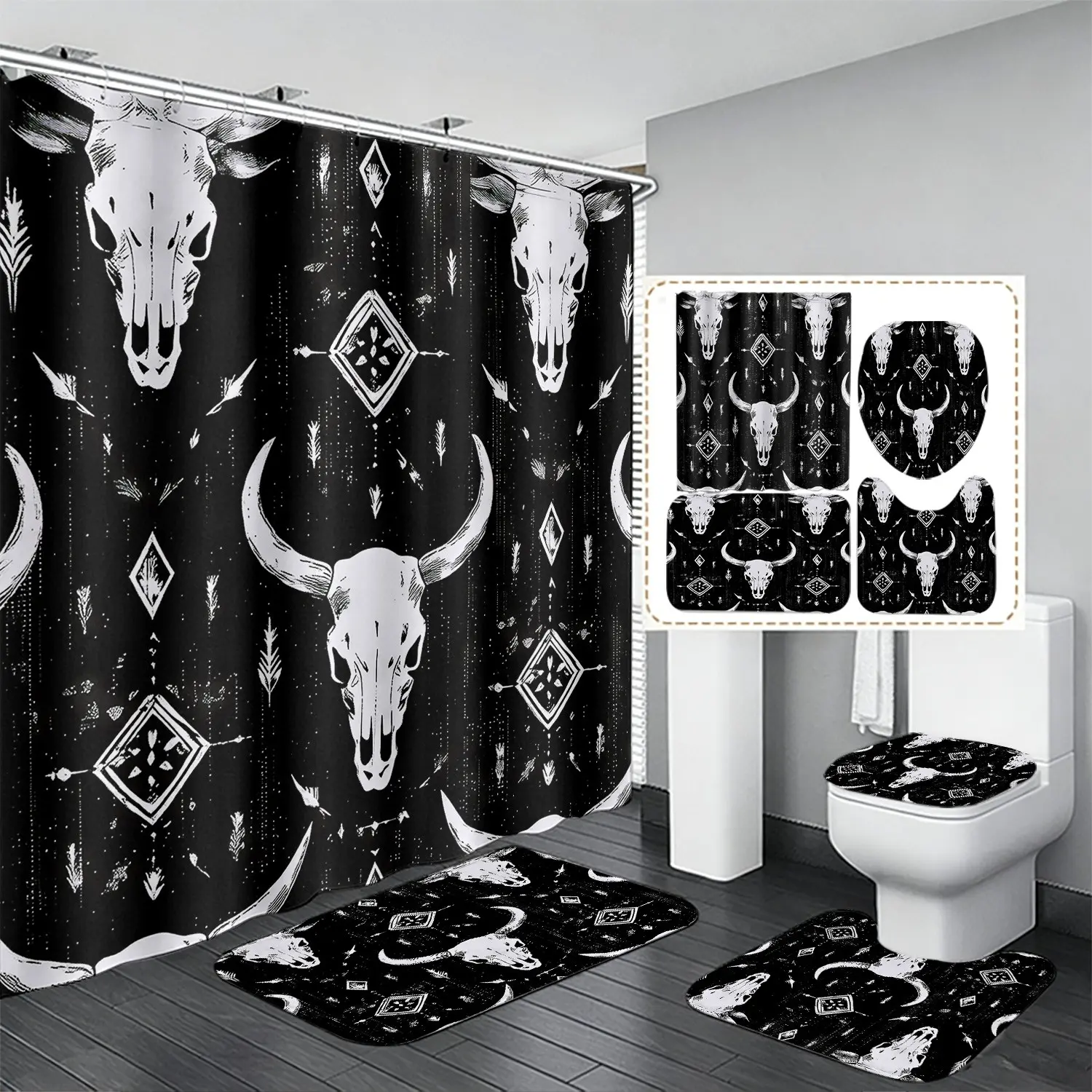 4pcs Western Cow Skull Aztec Pattern Shower Curtain Set, & Tribal Print, Boho Southwestern Bathroom Decor And Accessories, The floor mat fabric is thicker and softer! Curtain & Rugs Combo