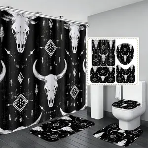 4pcs Western Cow Skull Aztec Pattern Shower Curtain Set, & Tribal Print, Boho Southwestern Bathroom Decor, The floor mat fabric is thicker and softer! Curtain & Rugs Combo