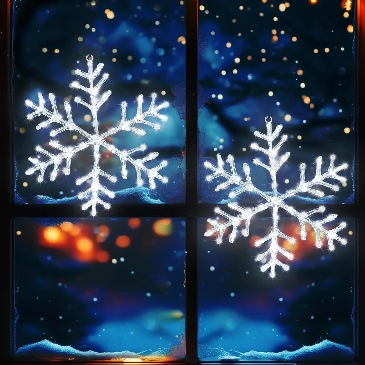 2-Pack Cool White LED Snowflake Window Lights - Christmas Decor, Mountable, 8 Lighting Modes, for Doors, Window View, Indoor-Outdoor Home Festive Decorations