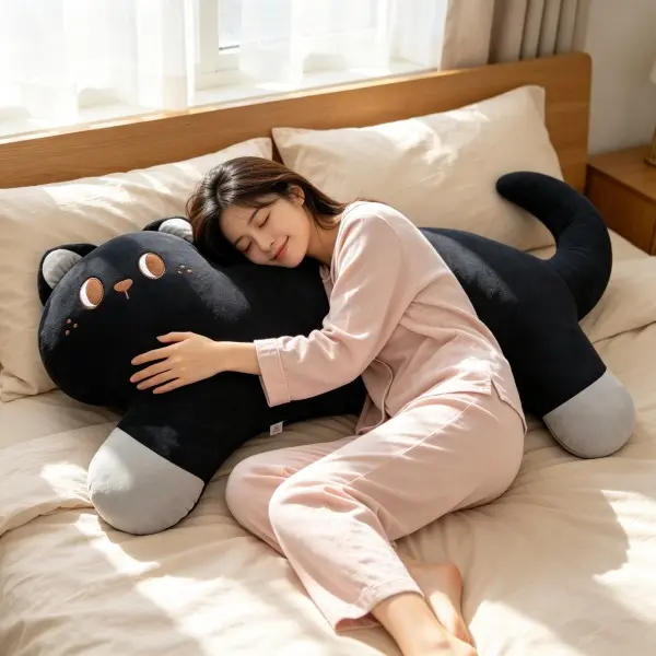 Ultra-soft cat-shaped long throw pillow; squeaky kitten curved backrest cushion; leg-holding sleeping pillow; soothing plush toy