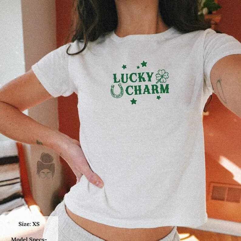Lucky Charm Baby Tee, St Patricks Day Baby Tee, Sorority Baby Tee For Women, Lucky You Irish Tee, White Tee With Phrase, Trendy Cropped Tee