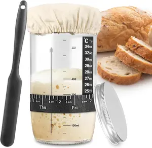 Sourdough Starter Jar, Sourdough Starter Kit with Date Marked Feeding Band, Thermometer, Cloth Cover & Metal Lid, Reusable Sourdough Bread Baking Supplies, Home Baking Supplies