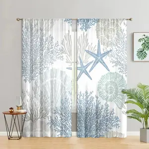 Coastal Themed Printed Curtain, 2 Counts/set Sea Life Pattern Curtain, Home Decorative Curtain, Window Curtain for Living Room Bedroom Kitchen Bathroom Study Room