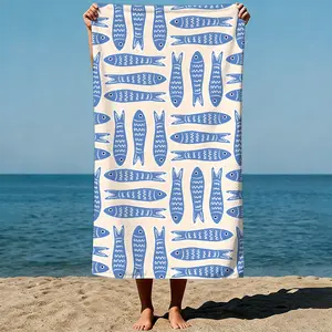 Blue fish pattern: Stylized fish repeated on a beige background, flat graphic art style. Sand-Free Beach Towel | Ultra-Light Microfiber | Quick-Dry, Compact for Travel