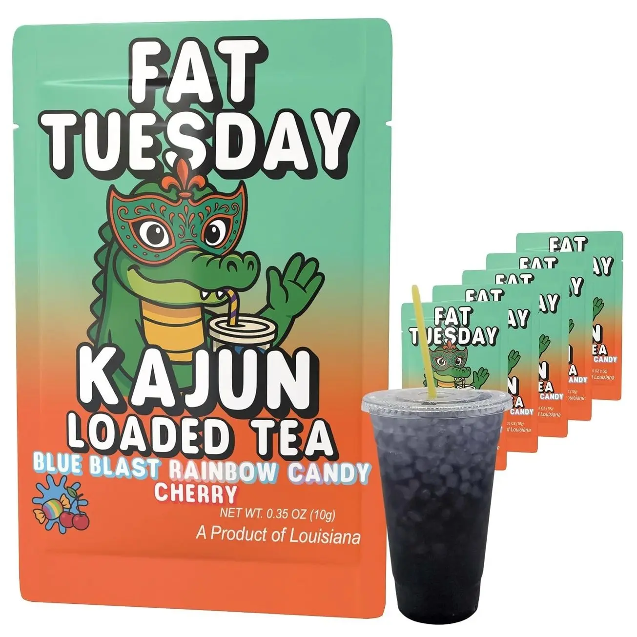 Kajun Loaded Tea Packets – Fat Tuesday | Blue Blast + Rainbow Candy + Cherry Flavor | Sugar Free Energy Tea Powder | 250mg Green Tea Caffeine | Zero Calorie | Keto Friendly