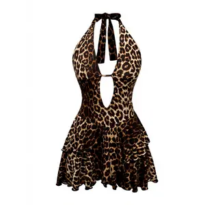 Glamour Glitz Shop121 Sexy Leopard Mini Dress Deep V Neck Backless Shimmering Detail for Party Beach Date Night