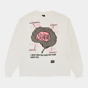 Women's Casual Wear Long Sleeve Tee - Round Neck Full Sleeves Saint Michael Brain Logo Clothes, White Multi T-Shirt Top