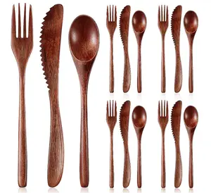 15 Pcs Wooden Utensils for Eating Wooden Spoon Fork Knife Cutlery Set Kitchen Wood Dinner Flatware Tableware Set Includes Spoon, Fork, Knife