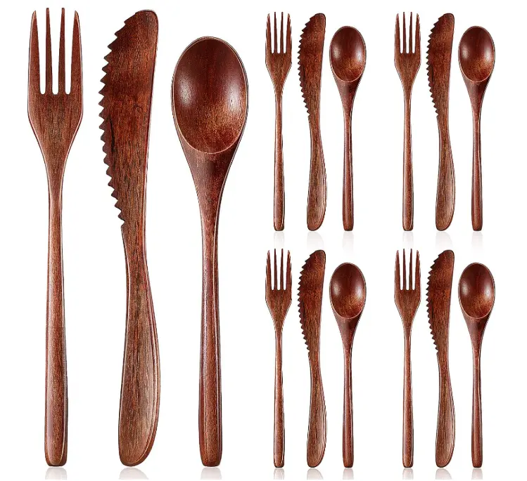 15 Pcs Wooden Utensils for Eating Wooden Spoon Fork Knife Cutlery Set Kitchen Wood Dinner Flatware Tableware Set Includes Spoon, Fork, Knife tiktokshopspringglowup