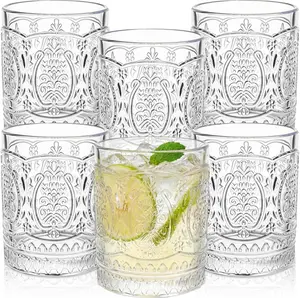 6 Pack Vintage Drinking Glasses, 13 OZ Cocktail Glassware Set, Embossed Water Glass Cup, Old Fashion Beverages Drinkware, Highball Clear Glass Tumbler for Juice, Beer, Whiskey, Bar, Party