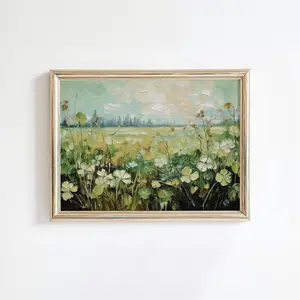 Clover Meadow Landscape Wall Art, Serene St. Patrick’s Day Gift for Nature Lovers, Tranquil Green Field Painting Bringing Peace & Good Fortune