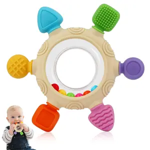 Fruit-Shaped Silicone Teether with Wooden Ring – BPA-Free Baby Teething Toy for 0–12 Months