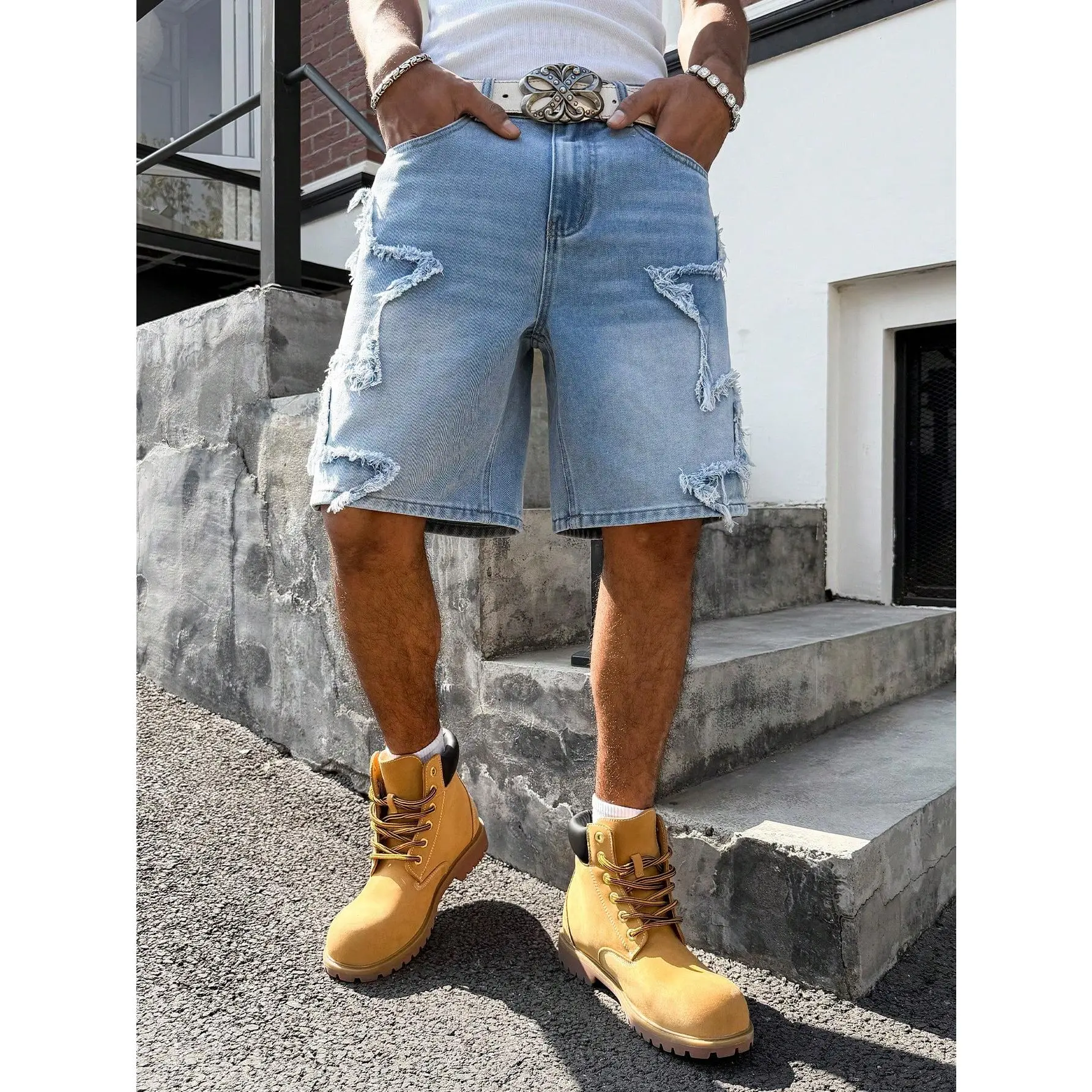 Men's American Hip Hop Street Fashion Star Patch Distressed Loose Wide Leg Pants Concert Outfits