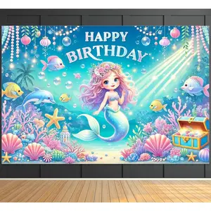 Indotribe Mermaid Backdrop Happy Birthday Banner for Girls 6x4ft Mermaid Birthday Decorations for Kids Under The Sea Backdrop For Teenagers Mermaid Party Supplies Oneder The Sea Party Decorations Girl