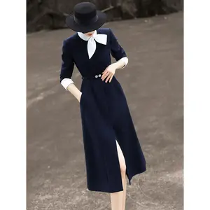 MEXCOCO 2025 Autumn New Style High End Commuting Ribbon Collar Long Sleeve Waist Dress