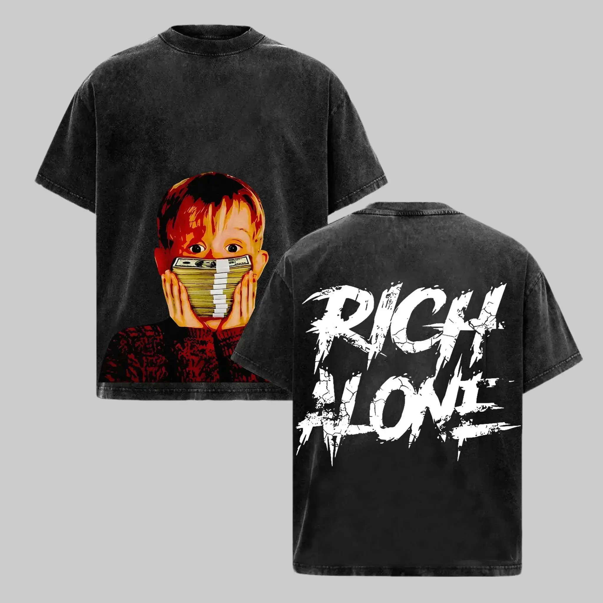 Rich Alone Vintage Washed Oversized Heavy Cotton T Shirt Funny Boy Cash Money Hustle Graphic Tee Y2K Streetwear Top Grunge Hip Hop Aesthetic Urban Apparel Trendy Clothing Best Gift Custom Made To Order Men Women Fashion Retro Style Vibes Swag