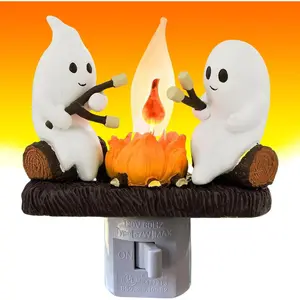Ghost Campfire Nightlight, 2024 Halloween Spooky Campfire Twinkle Night Lights Ghost Roasted Marshmallow Night Lights,Faux Campfire Night Light Plug into Wall