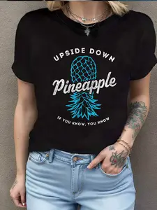Upside Pineapple Themed Fun Fashion Casual Printed Women'S Round Neck T-Shirt
