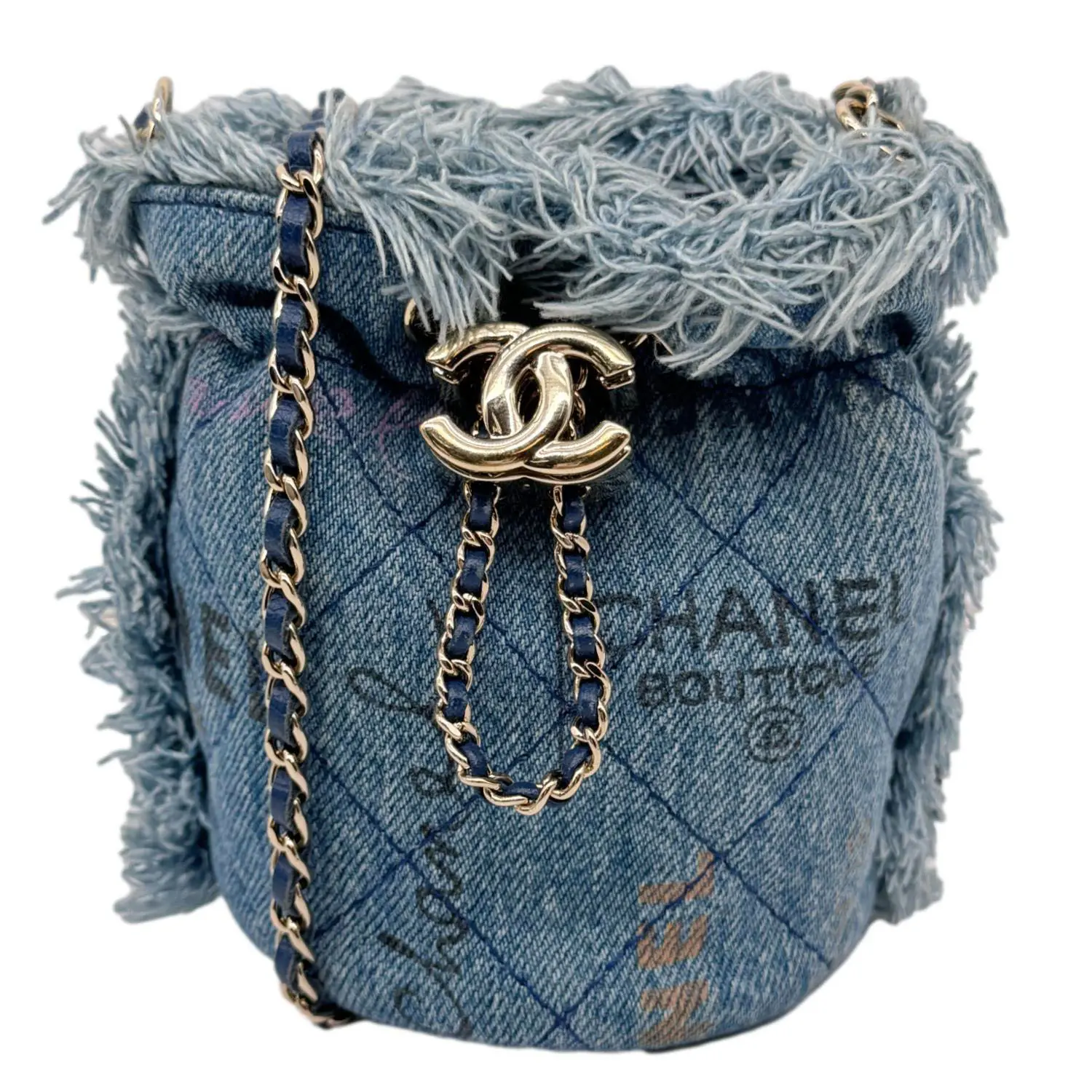 Pre-owned CHANEL Denim Shoulder Bags Mood Mini Quilted Bucket Bag Blue